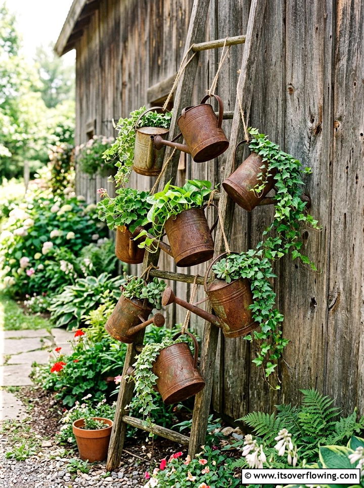 Decorative Watering Can Display - 25 garden ideas with old ladders