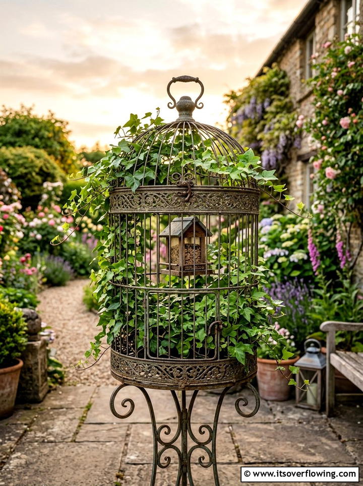 Decorative antique birdcage planter - 25 upcycled garden ideas with watering stations