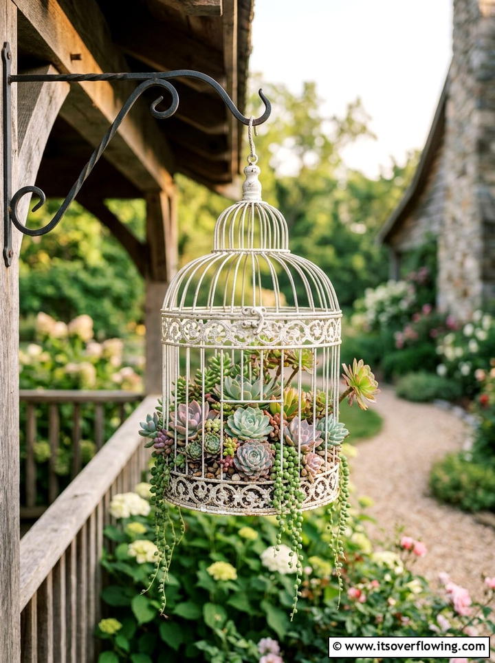 Decorative birdcage plant holder - 25 reusing old things ideas for garden decor
