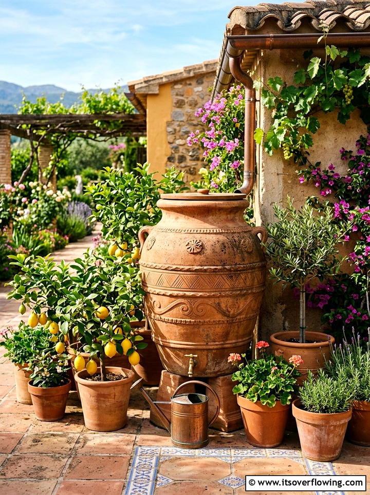 Decorative clay pot rain barrel - 25 creative garden ideas with rain barrel displays