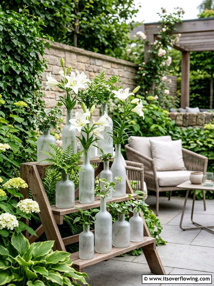 Decorative frosted bottle garden - 25 creative garden ideas with hanging bottle planters