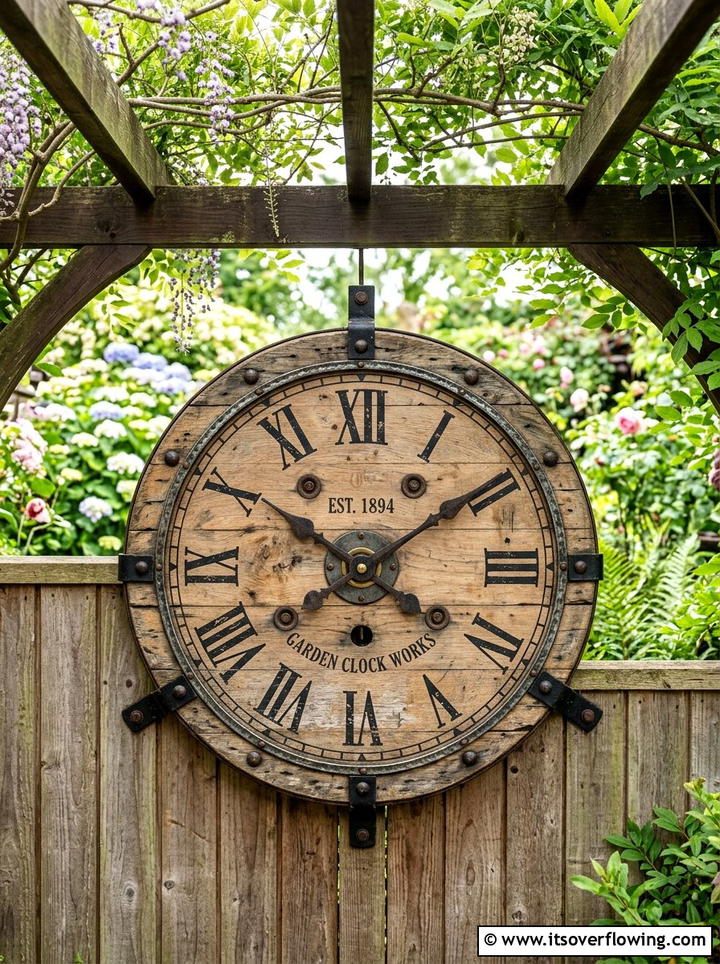 Decorative garden clock - 25 recycled garden ideas with cable spools