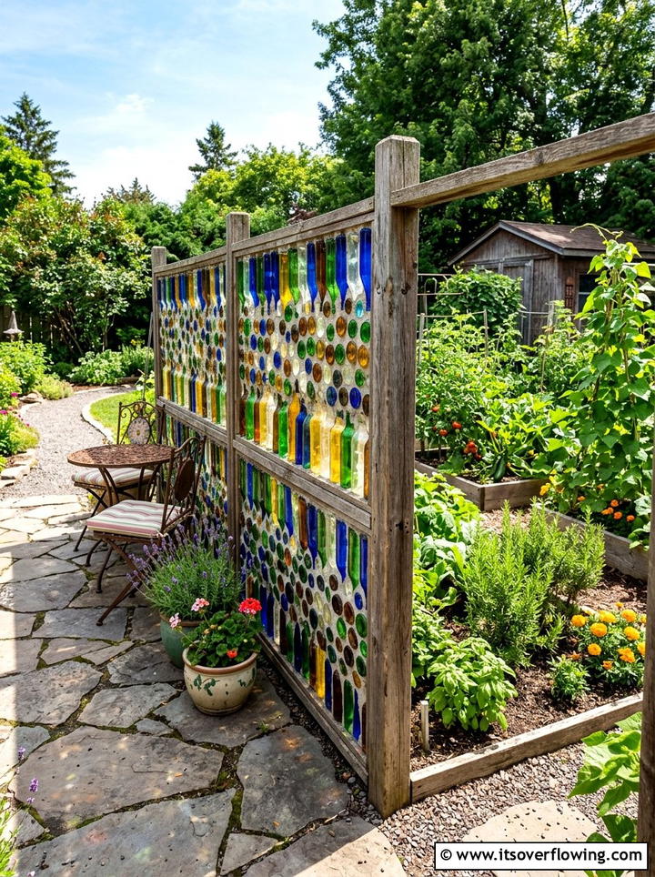 Decorative glass bottle fence - 25 recycled garden ideas with vertical bottle wall