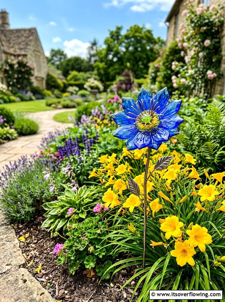 Decorative glass garden stake - 25 garden decor ideas with colorful accents