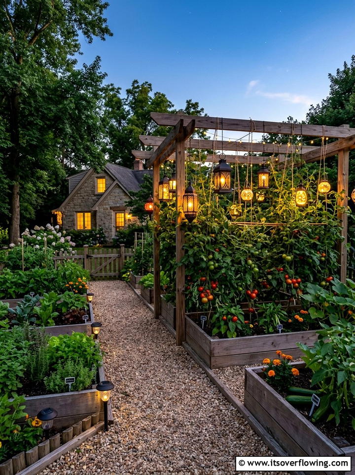 Decorative lanterns on vegetable garden trellis - 25 garden decor ideas with lanterns