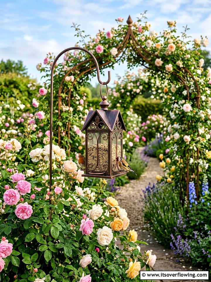 Decorative metal bird feeder in rose garden - 25 garden ideas with bird feeders
