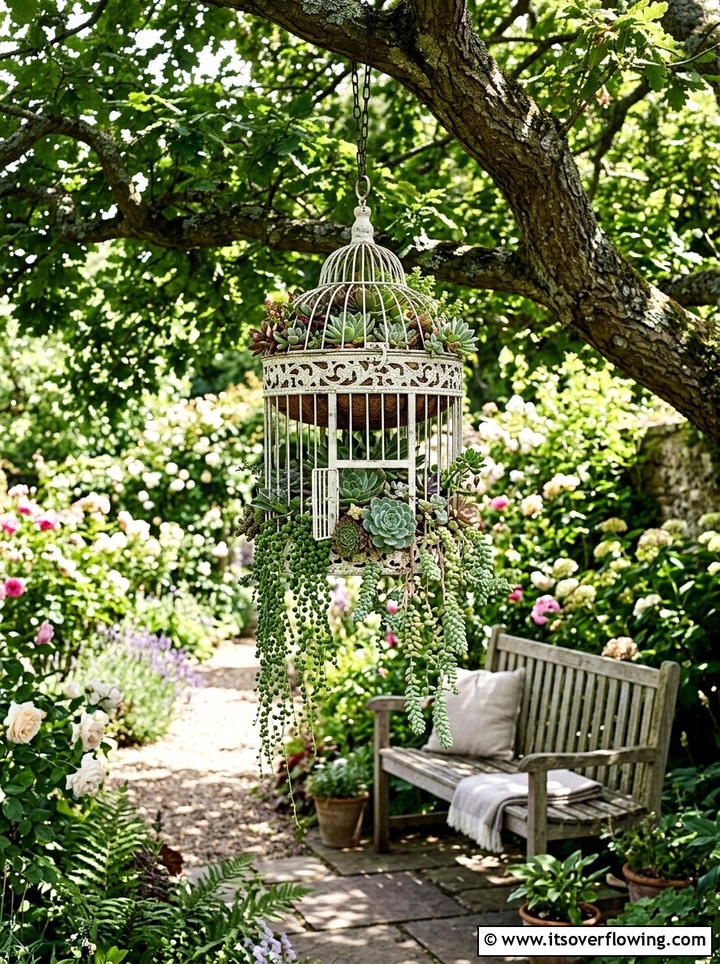 Decorative metal birdcage succulents - 25 backyard decorating ideas with succulent pots