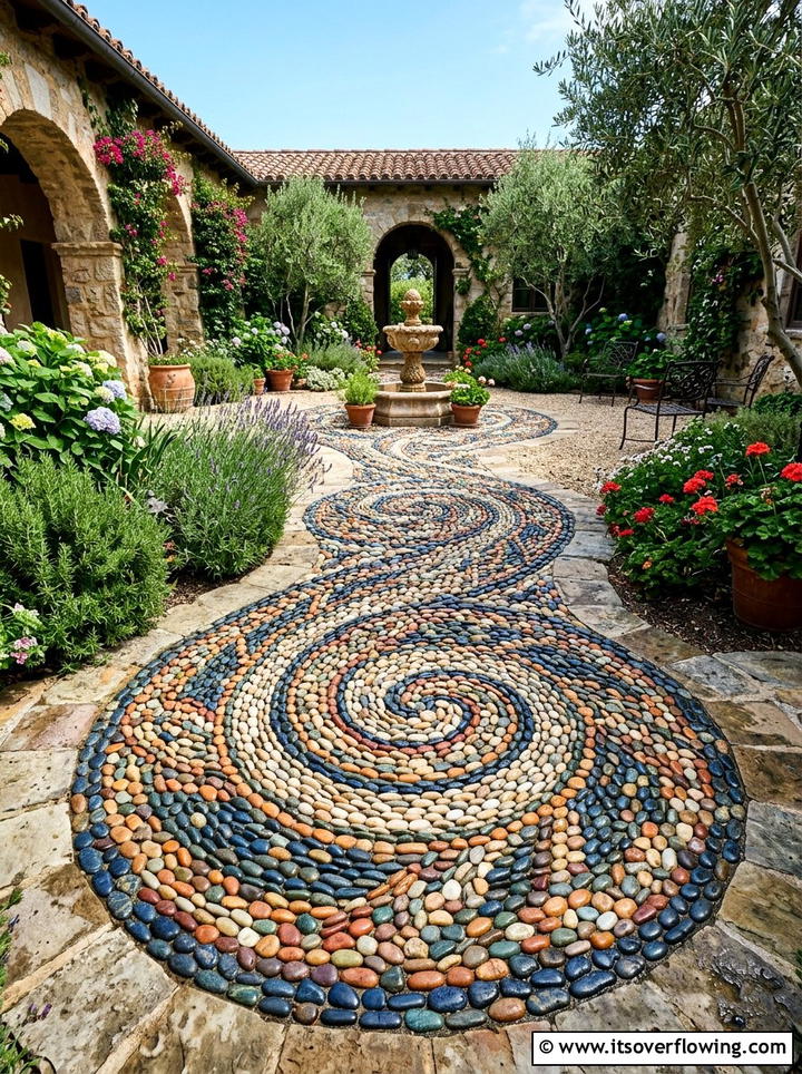 Decorative pebble mosaic - 25 backyard ideas with pathways