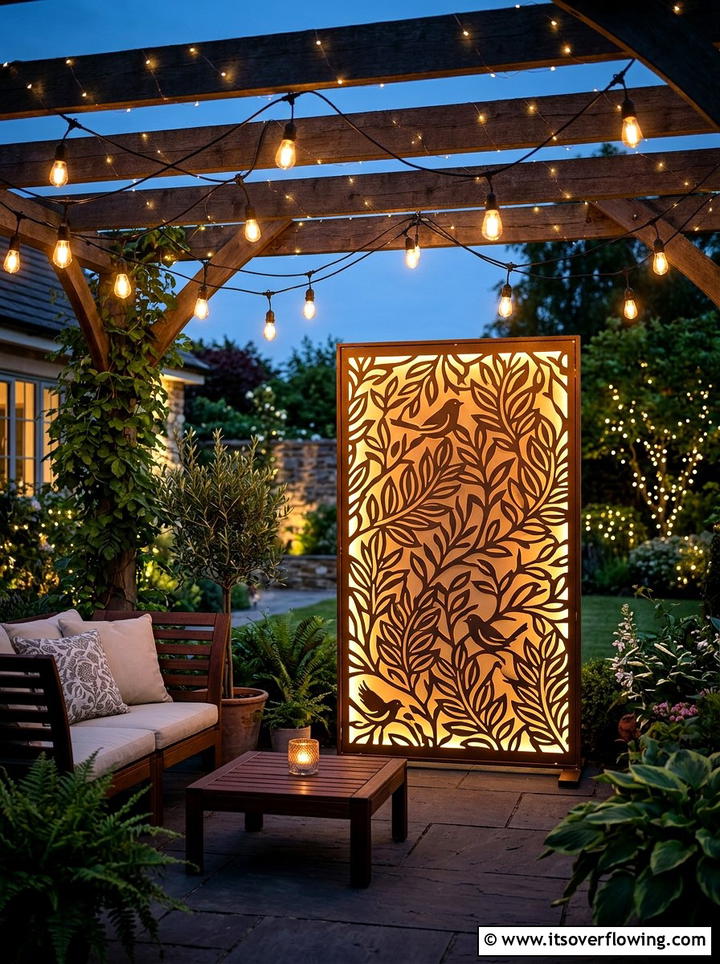Decorative screen with string lights - 25 small garden ideas with privacy screens