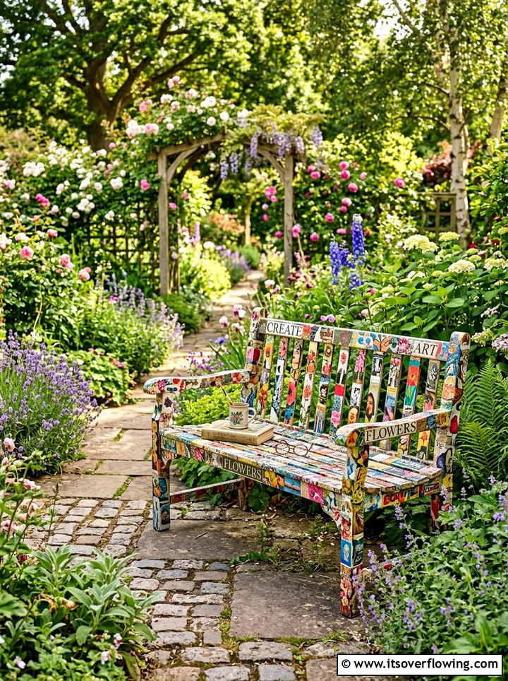 Decoupage Garden Bench - 25 recycled garden ideas with old magazines