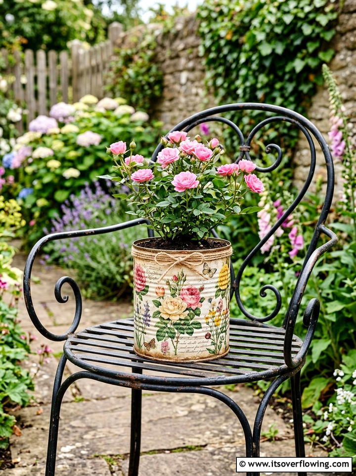 Decoupage Tin Can Flower Pot - 25 upcycled garden ideas with old cans