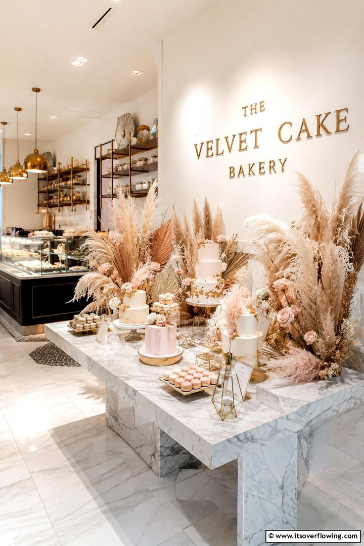 Delicate Pampas Dessert Table Displays - 30 Pampas Grass Wedding Decor Ideas for Boho Chic Vibes