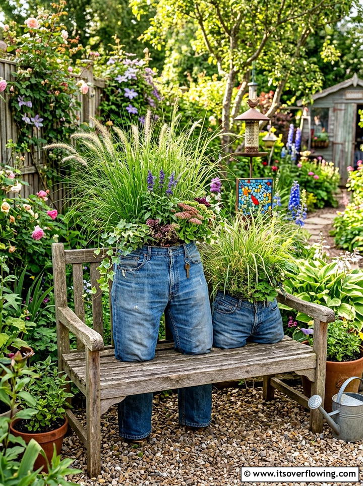 Denim Jeans Planter Arrangement - 25 recycled garden ideas for kids