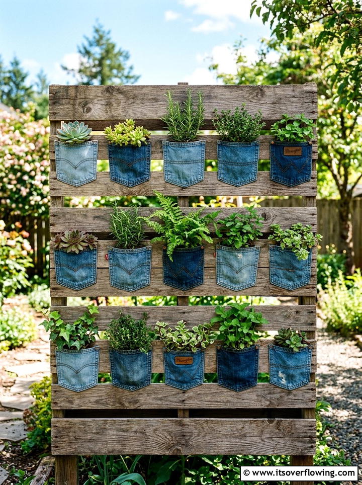 Denim Pocket Planters - 25 recycled garden ideas with eco friendly decor