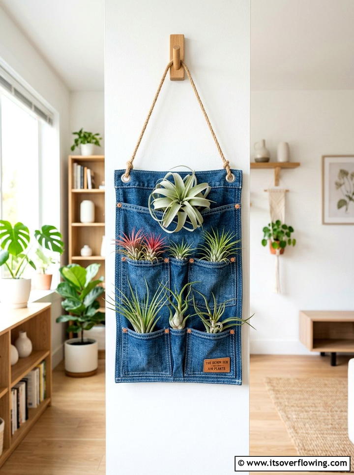 Denim pocket air plant holder - 25 upcycled garden ideas with denim pockets