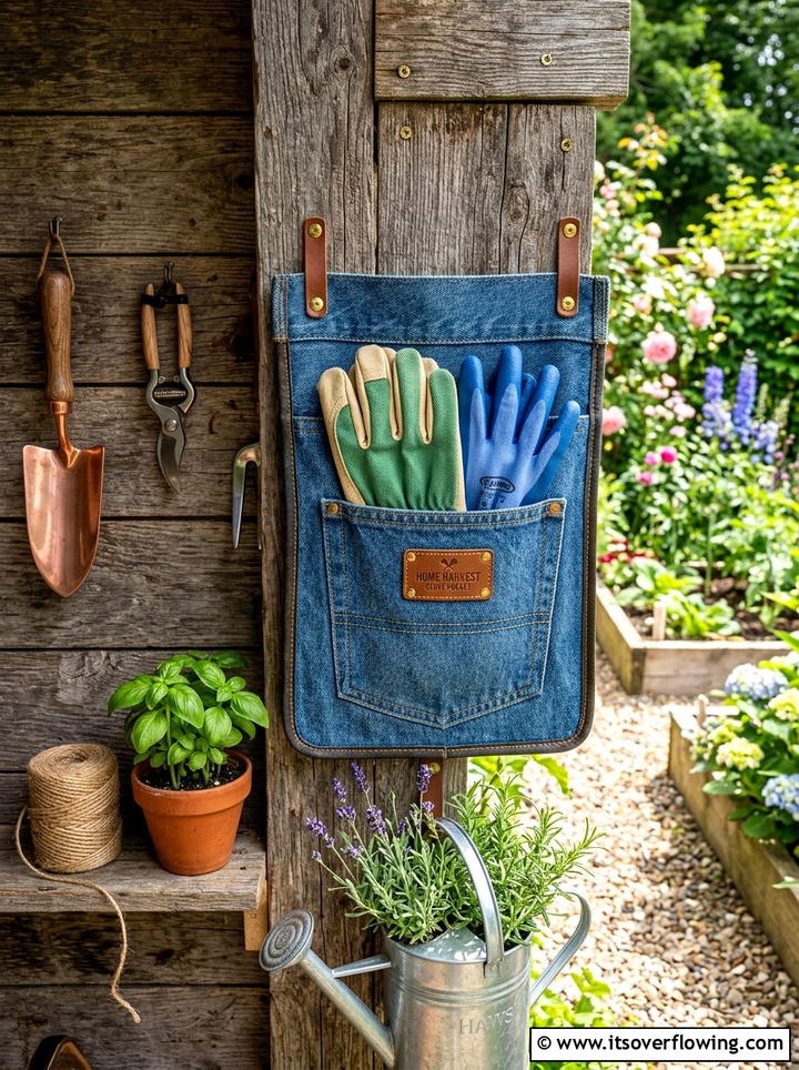 Denim pocket garden glove holder - 25 upcycled garden ideas with denim pockets