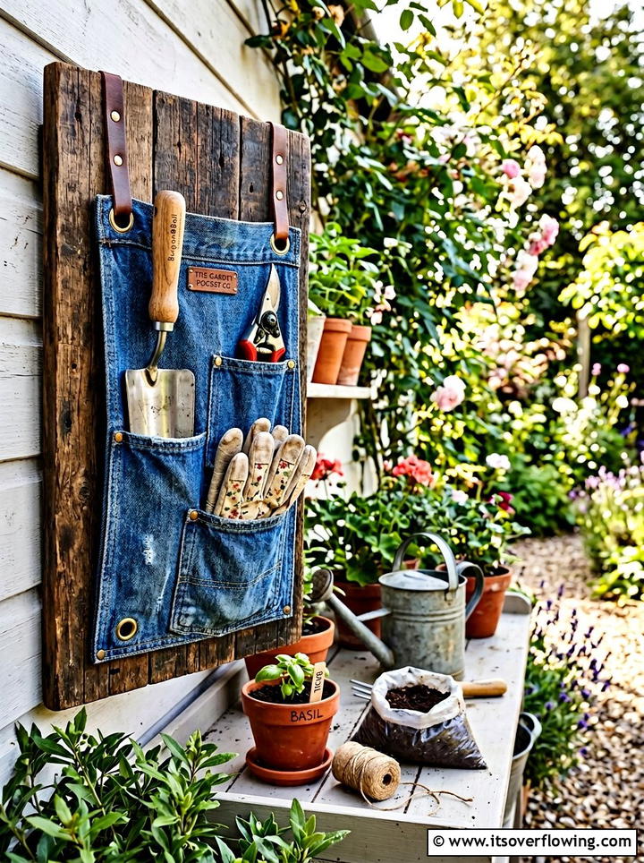 Denim pocket garden tool organizer - 25 upcycled garden ideas with denim pockets