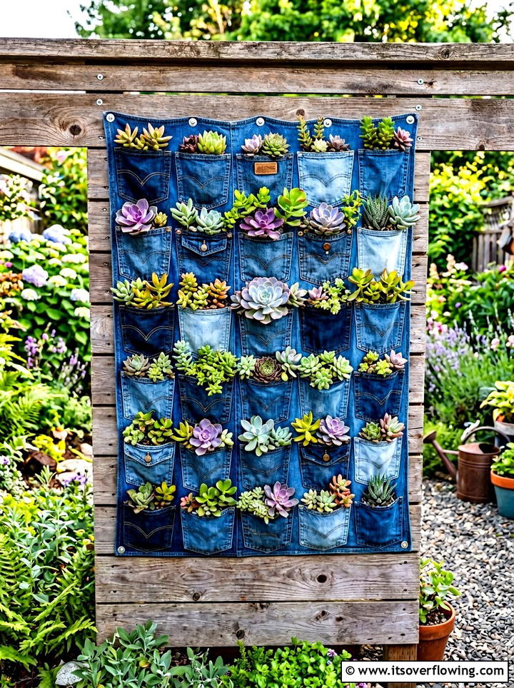 Denim pocket hanging planter - 25 upcycled garden ideas with hanging planters