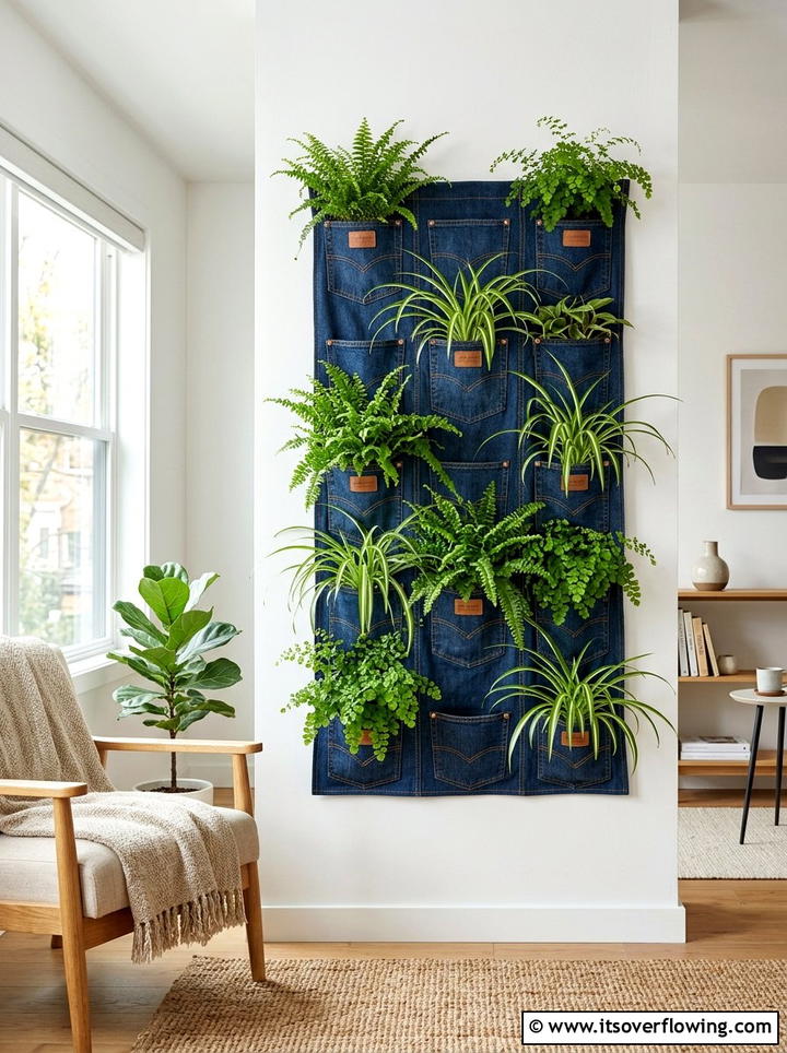 Denim pocket indoor vertical garden - 25 upcycled garden ideas with denim pockets