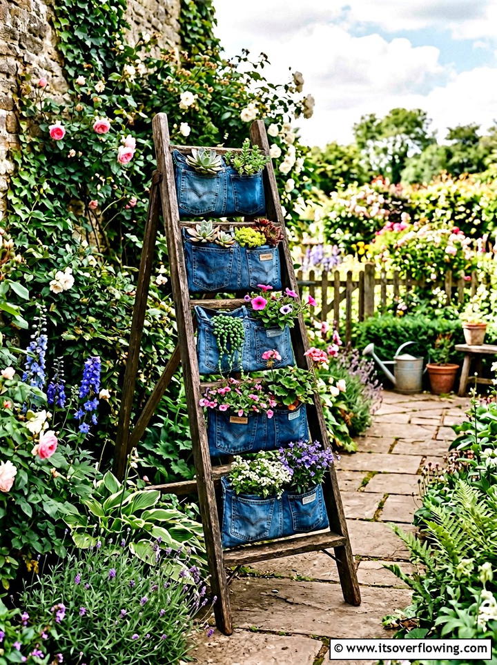 Denim pocket ladder planter - 25 upcycled garden ideas with denim pockets