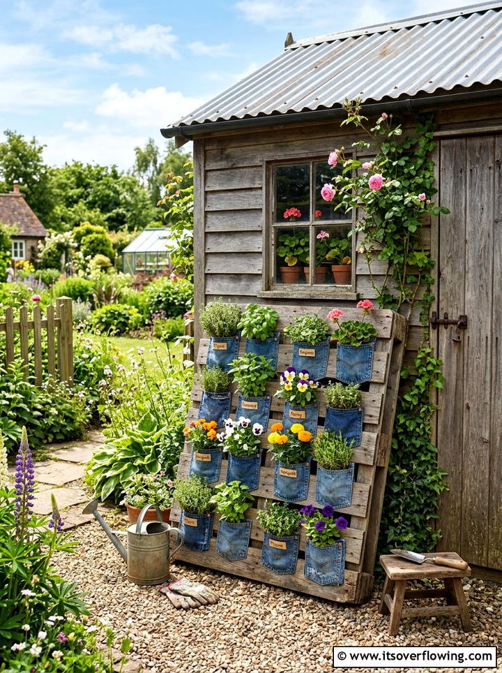 Denim pocket pallet garden - 25 upcycled garden ideas with denim pockets