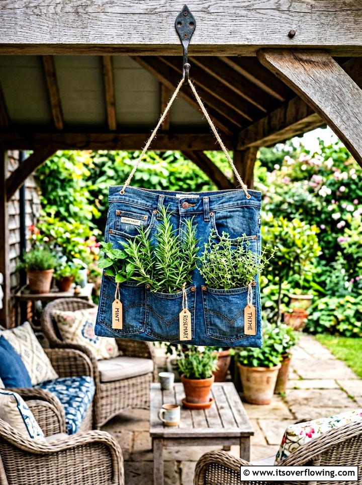 Denim pocket patio herb hanger - 25 upcycled garden ideas with denim pockets