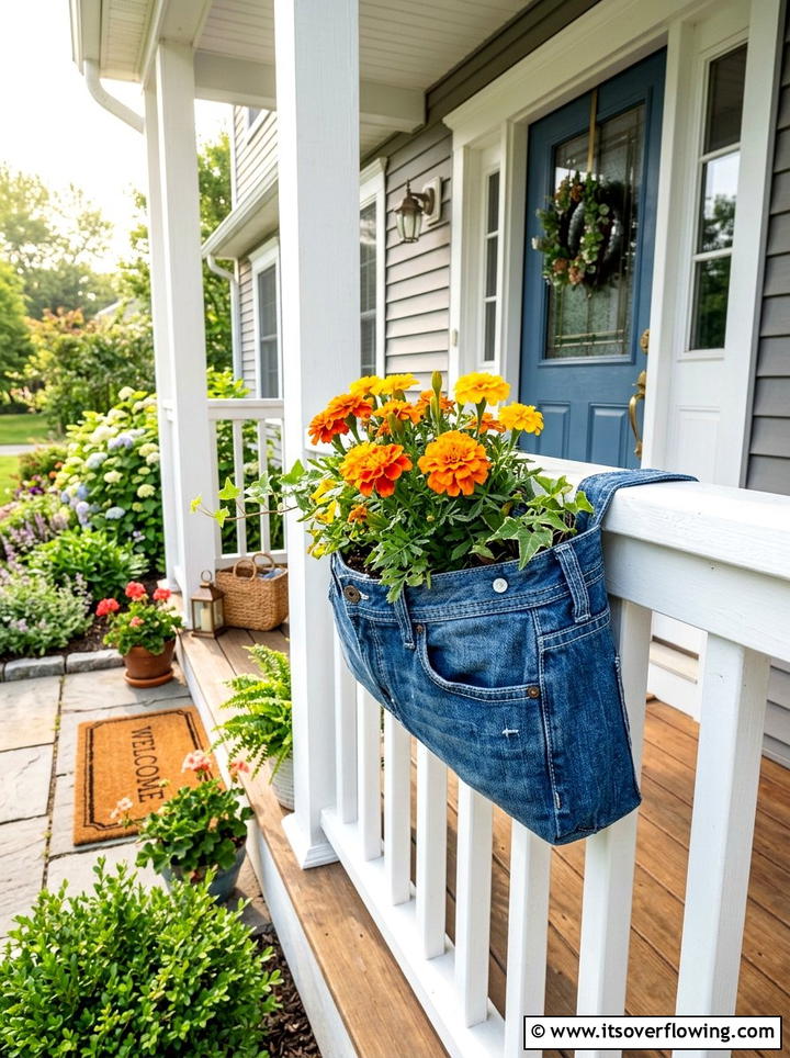 Denim pocket porch rail planter - 25 upcycled garden ideas with denim pockets
