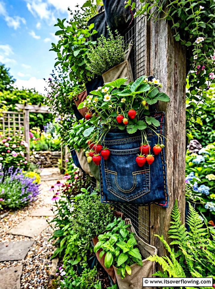 Denim pocket strawberry patch - 25 upcycled garden ideas with denim pockets