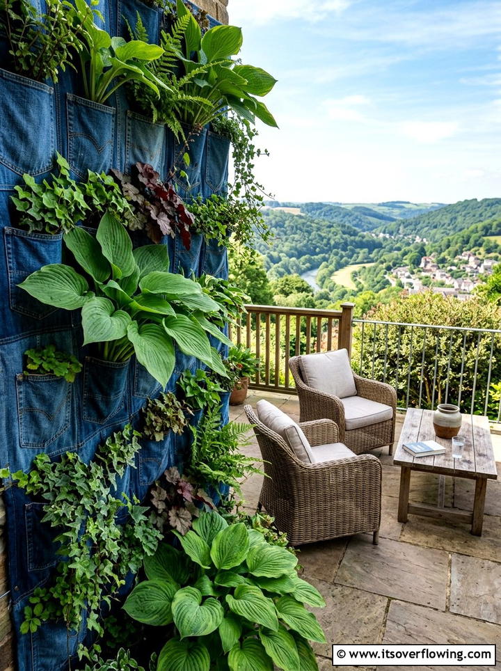 Denim pocket terrace green wall - 25 upcycled garden ideas with denim pockets