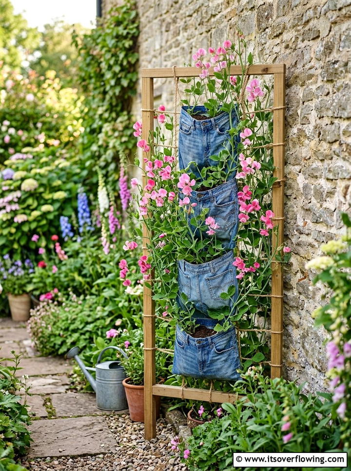 Denim pocket trellis planter - 25 upcycled garden ideas with denim pockets