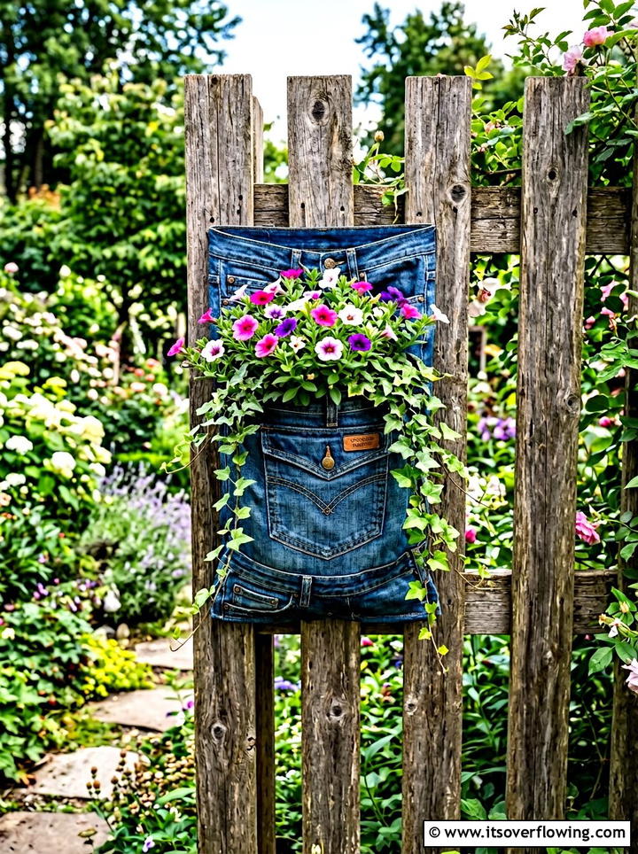 Denim pocket vertical wall planter - 25 upcycled garden ideas with denim pockets