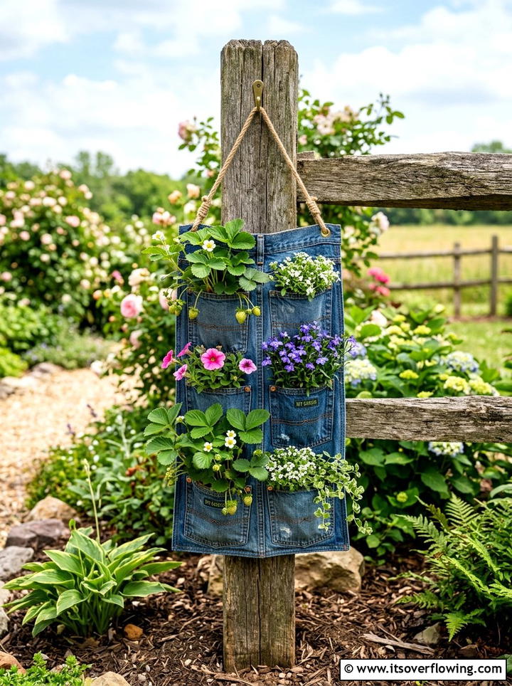 Denim wall planter - 25 recycled garden ideas for school projects