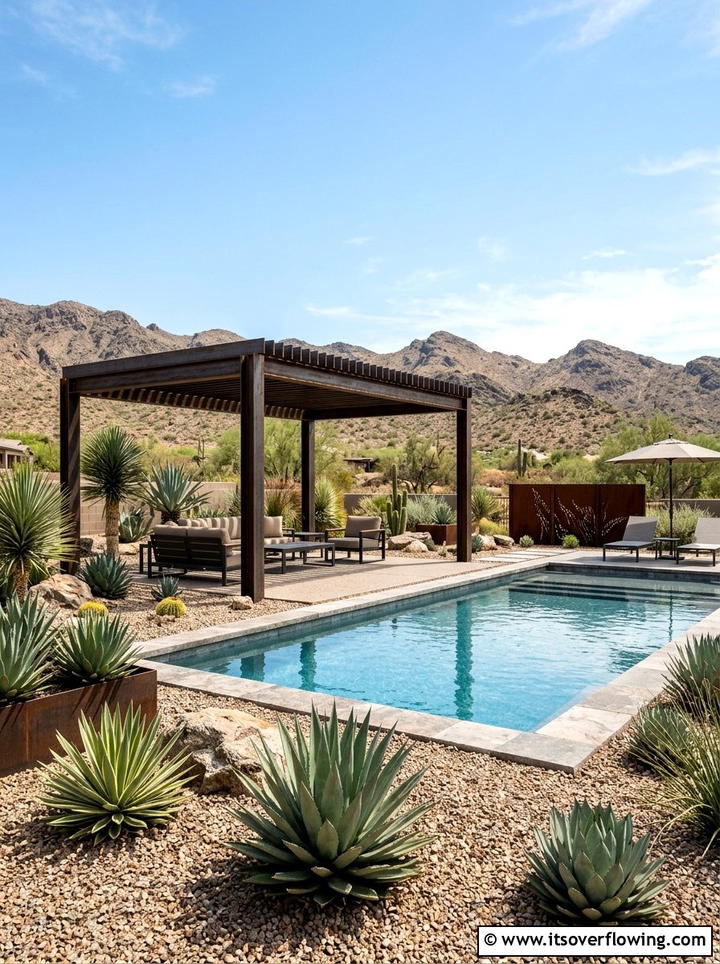 Desert Landscape Pool With Steel Pergola - 25 backyard ideas with pool and pergola