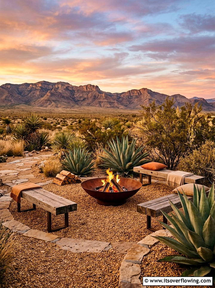 Desert Landscaping With Steel Fire Pit - 25 backyard ideas with lounge area