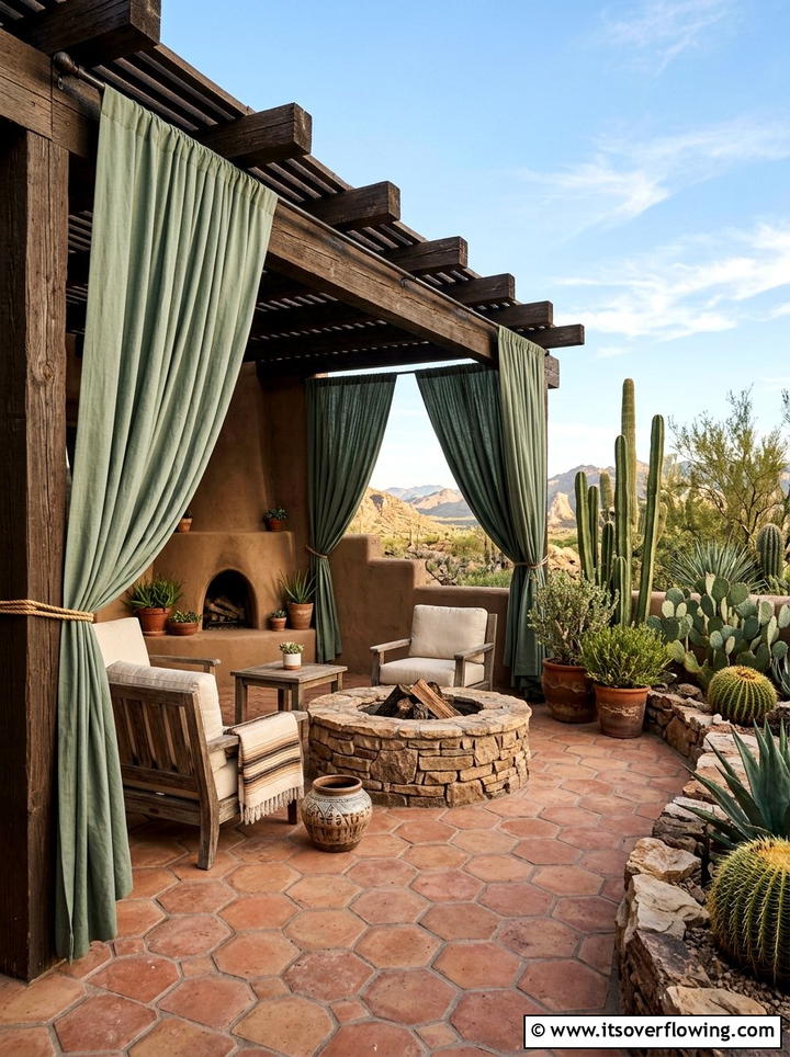 Desert patio with sage green curtains - 25 backyard decorating ideas with outdoor curtains