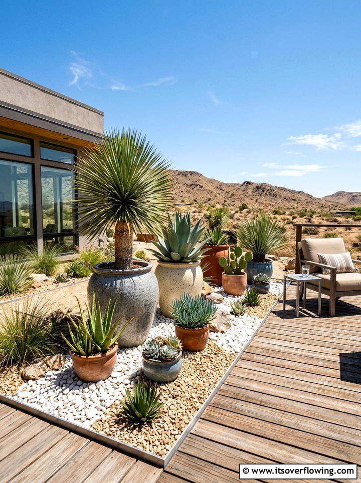 Desert themed gravel bed - 25 backyard decorating ideas with succulent pots