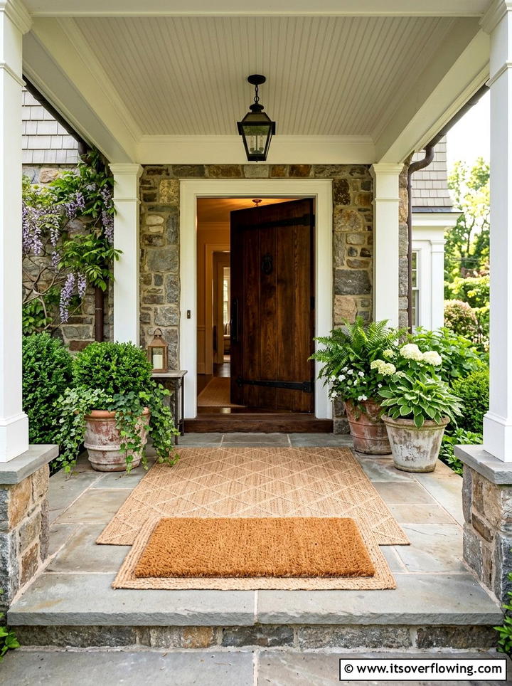 Diamond pattern rug with coconut fiber mat - 25 front porch decor ideas with layered mats