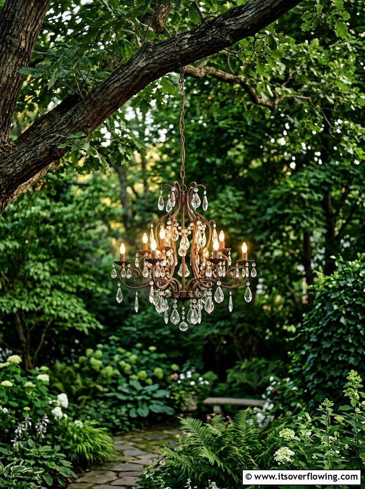 Discarded Chandelier Garden Light - 25 upcycled garden ideas for shaded spaces