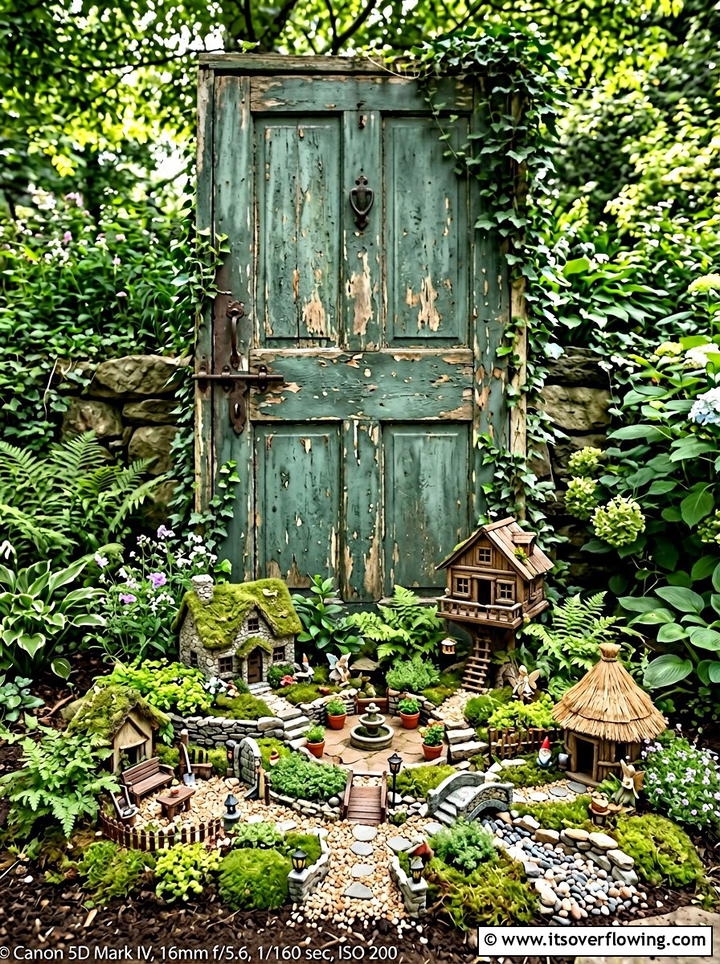 Distressed Door Fairy Garden - 25 backyard decorating ideas with old door decor