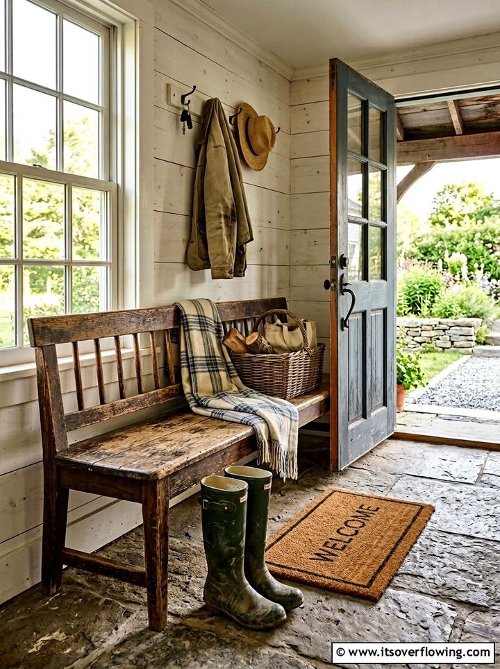 Distressed Farmhouse Benches - 25 front porch ideas with antique pieces