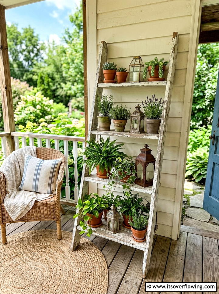 Distressed Ladder Shelf - 25 front porch ideas with boho style