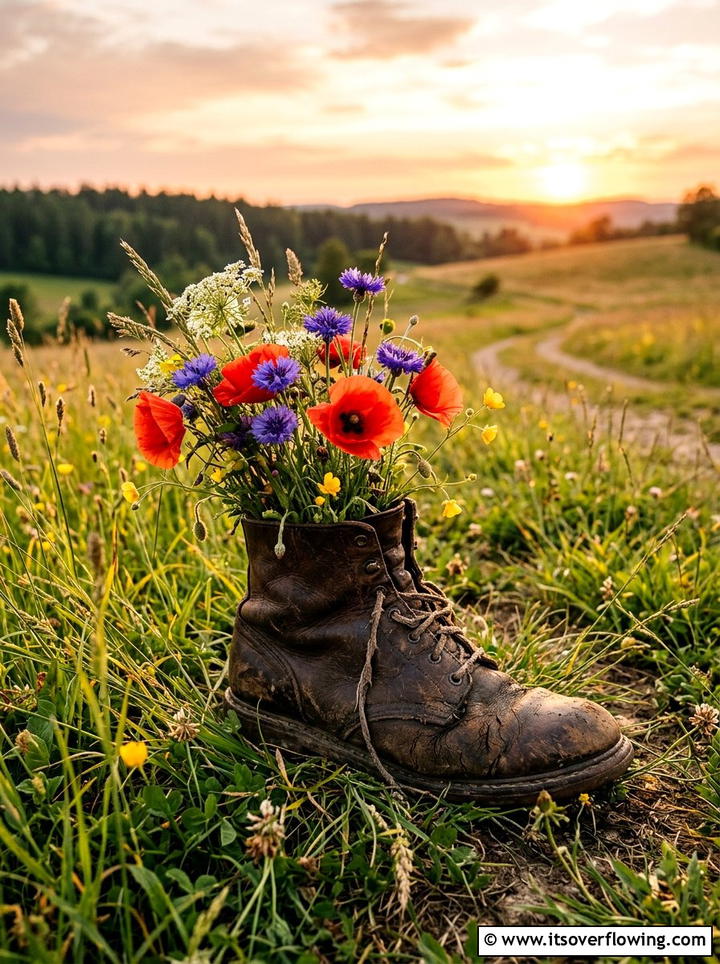Distressed Leather Boot Wildflowers - 25 upcycled garden ideas with old boots