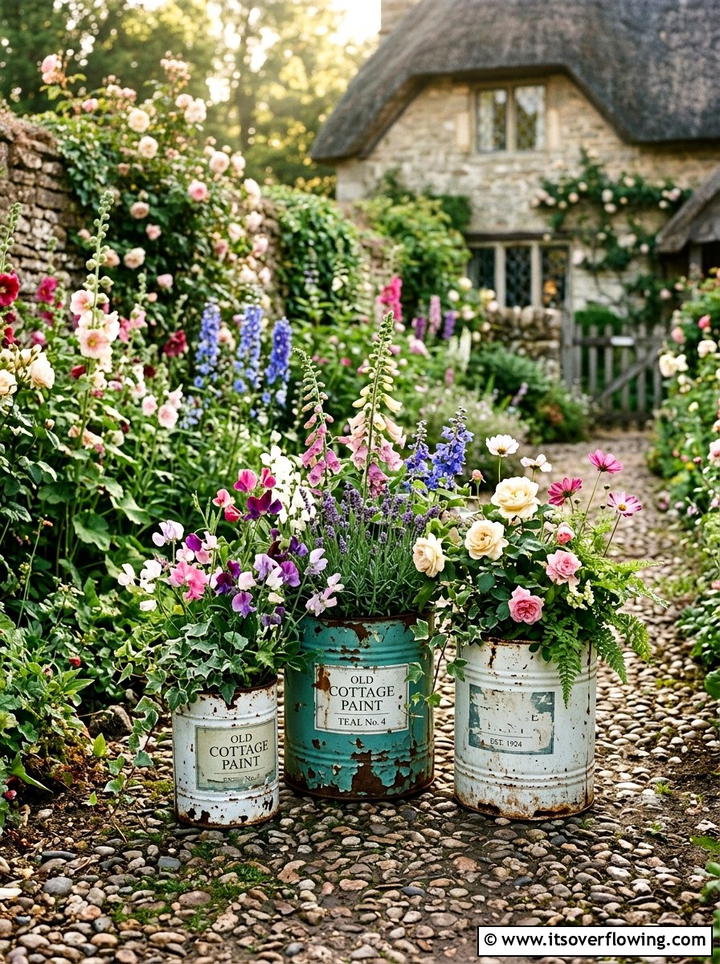 Distressed Paint Tin Can Planter - 25 upcycled garden ideas with old cans