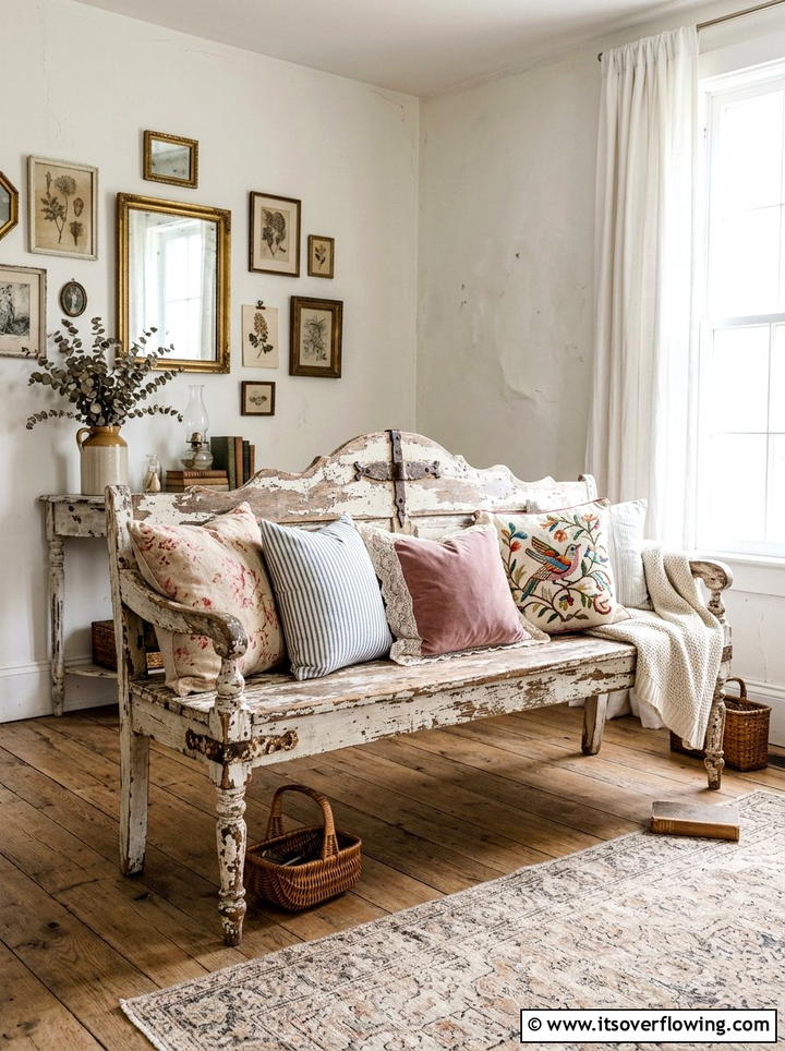 Distressed Shabby Chic Bench - 25 front porch ideas with bench seating