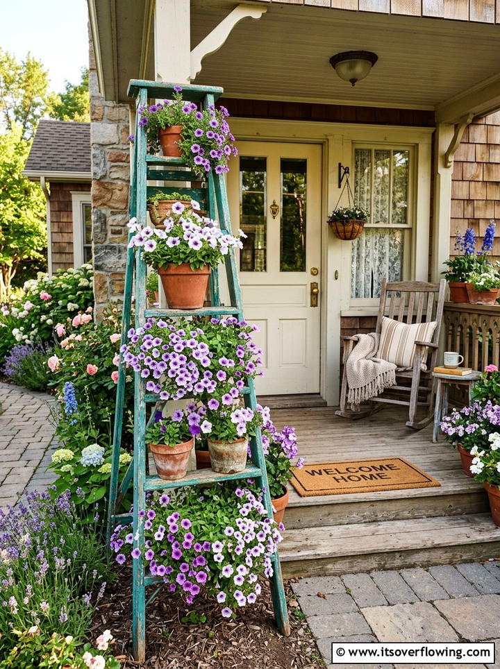 Distressed Teal Petunia Ladder - 25 garden decor ideas with floral ladders