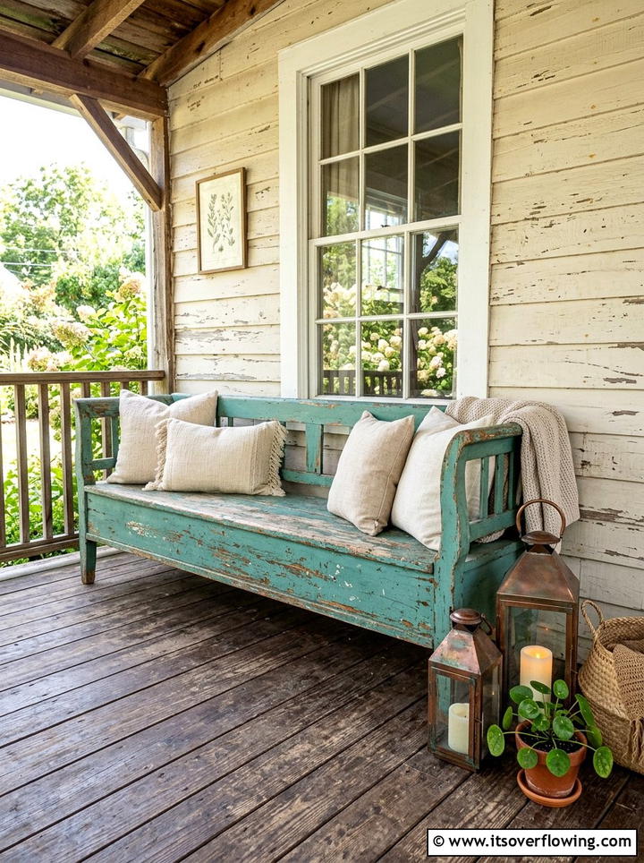 Distressed Teal Porch Bench - 25 front porch decor ideas with antique benches