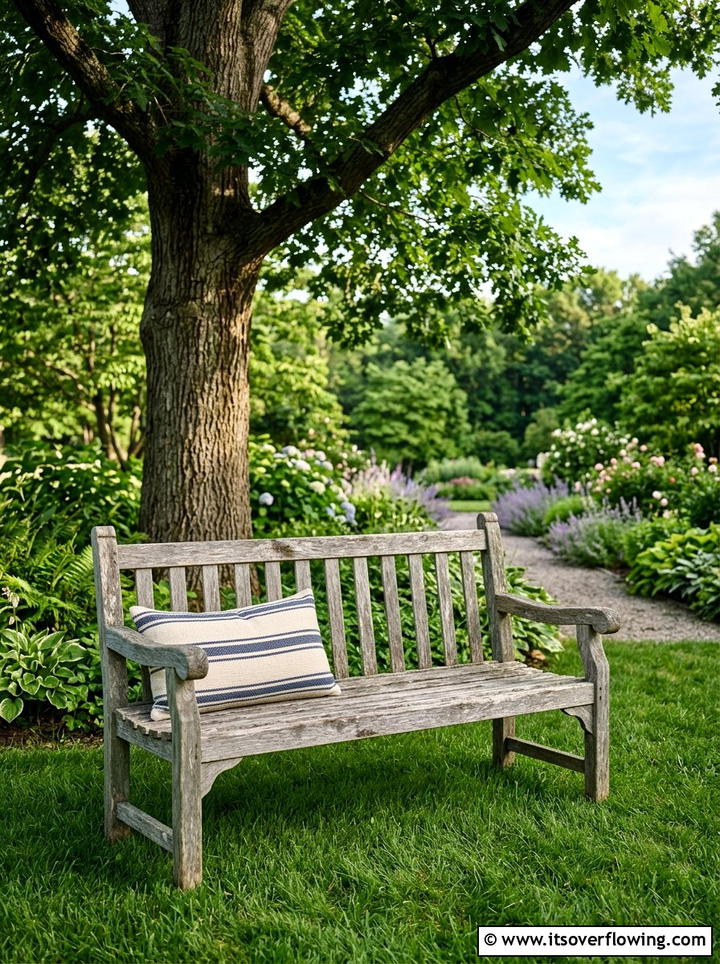 Distressed Wood Bench - 25 backyard decorating ideas with farmhouse accents
