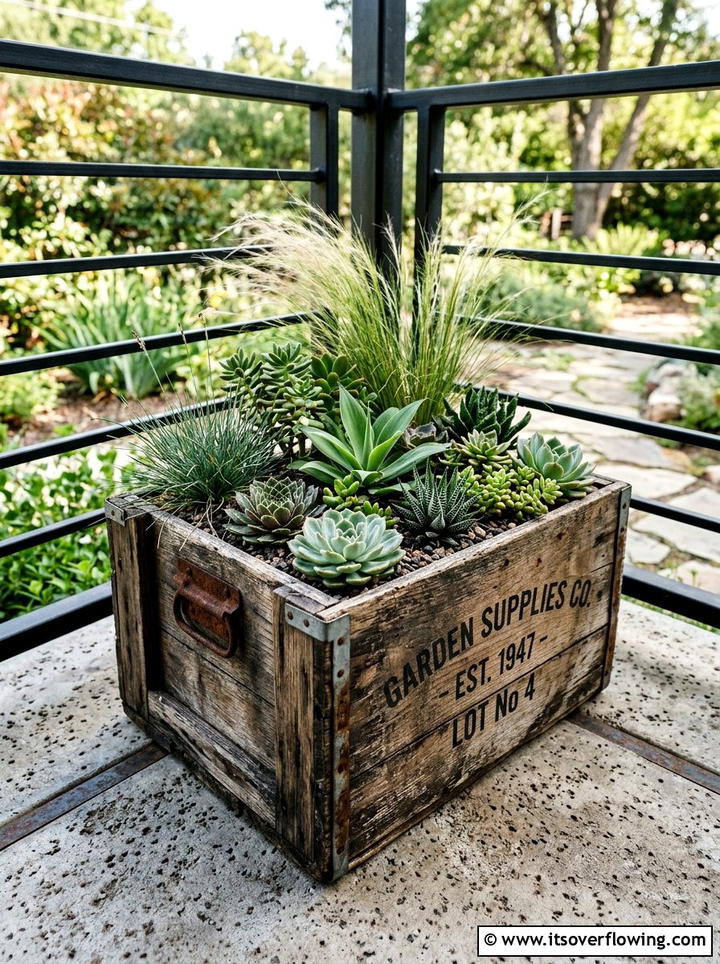Distressed Wood Crate Plant Holder - 25 front porch ideas with crate decor