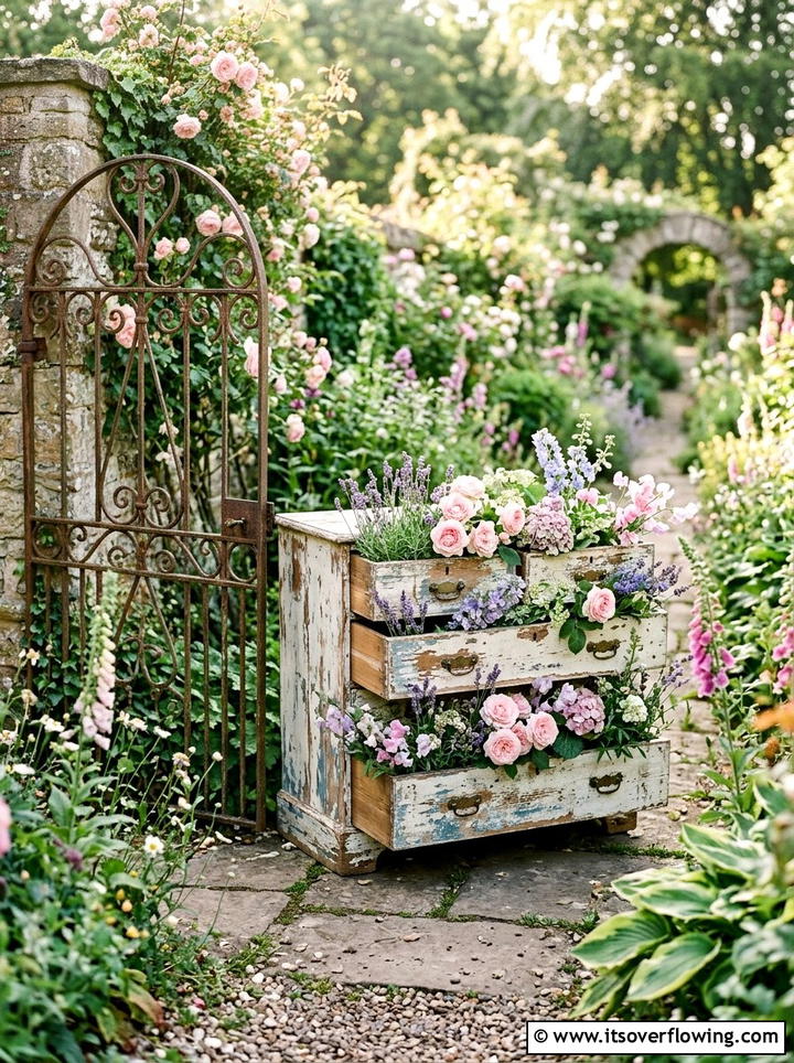 Distressed Wood Dresser Planter - 25 recycled garden ideas with old drawers