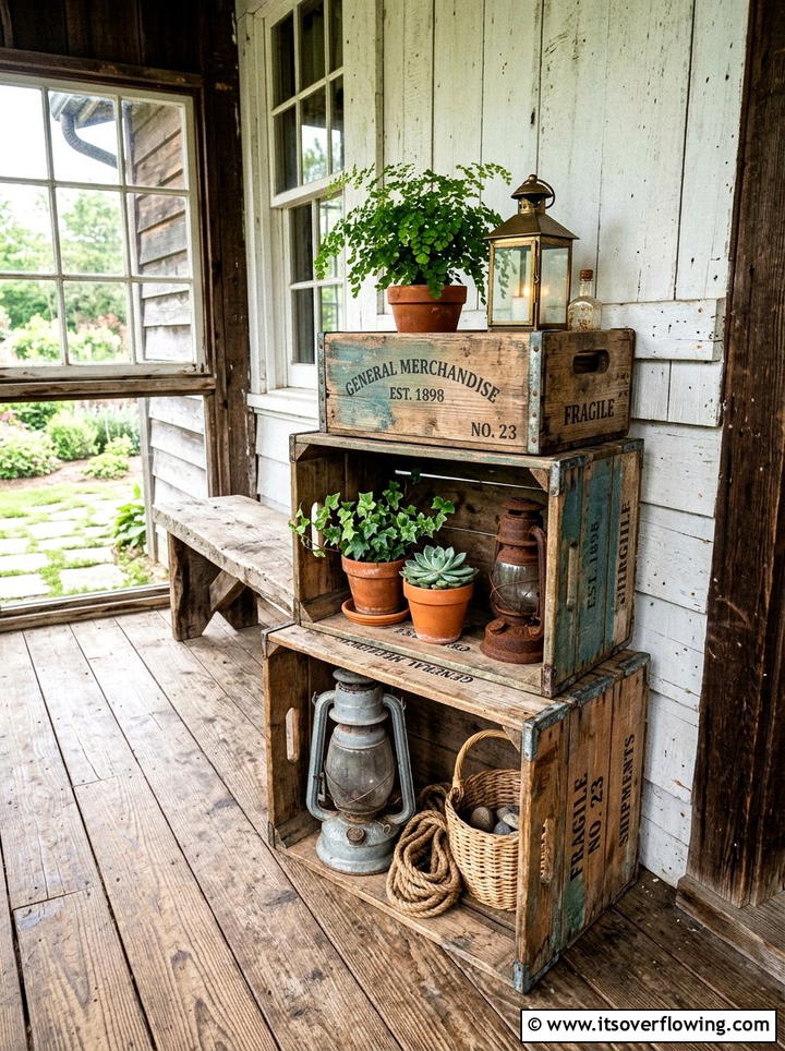Distressed Wooden Crates - 25 front porch ideas with antique pieces